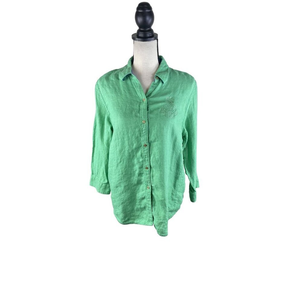 Lauren Ralph Lauren Linen Green Crested Long Sleeve Button Down Shirt Academia C